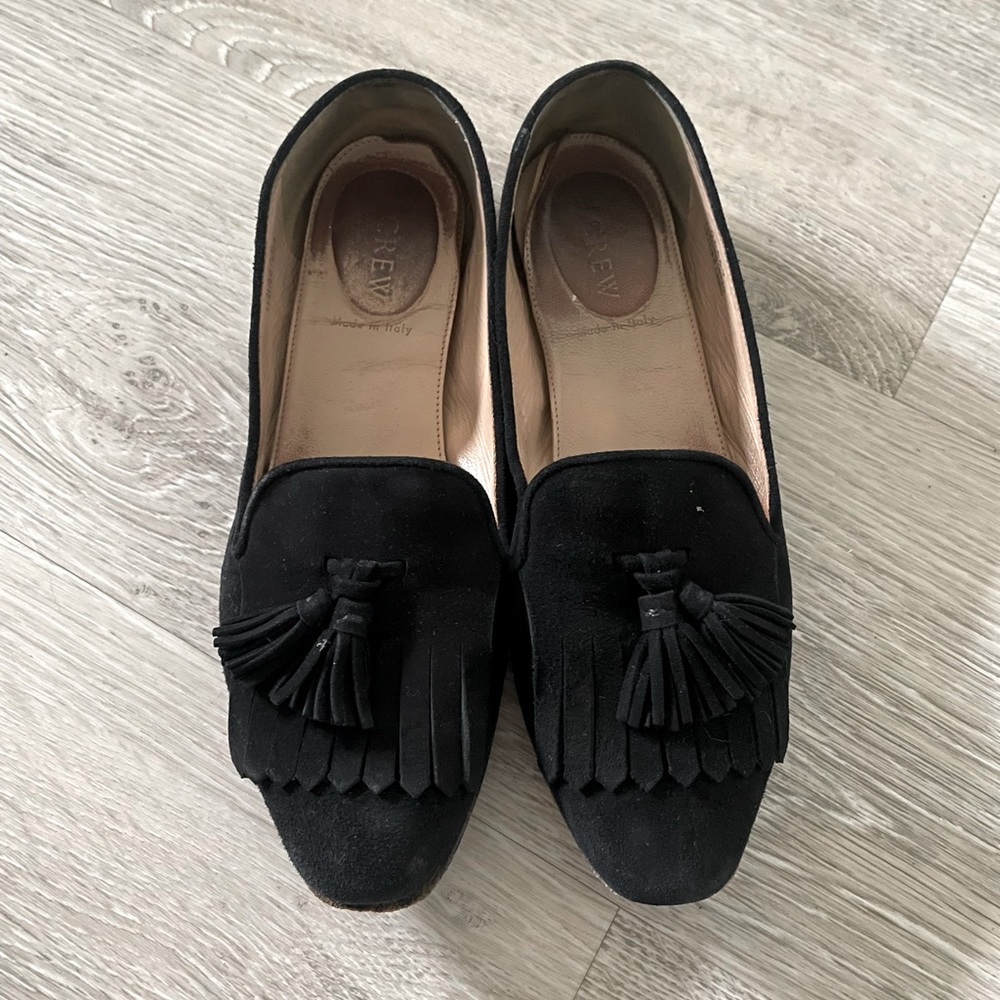 J crew black suede penny loafer flats